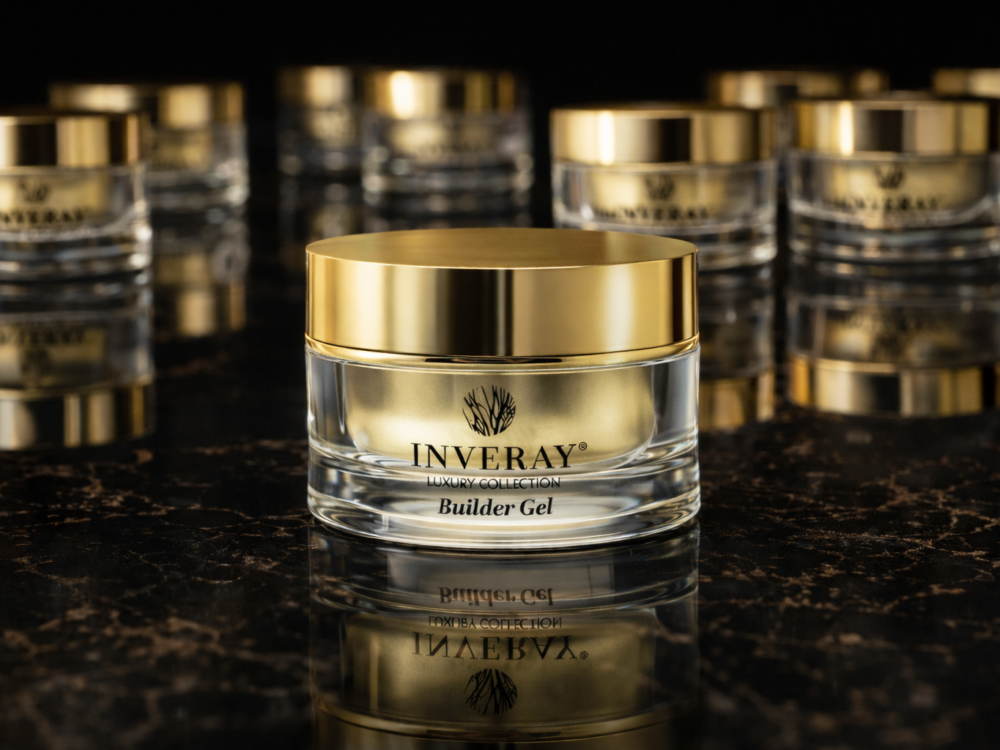 Inveray Builder Gel Luxury Collection - profesjonalny żel budujący do stylizacji paznokci w eleganckim słoiku z złotą pokrywką - projekt Halo Papaya projektowanie produktowe