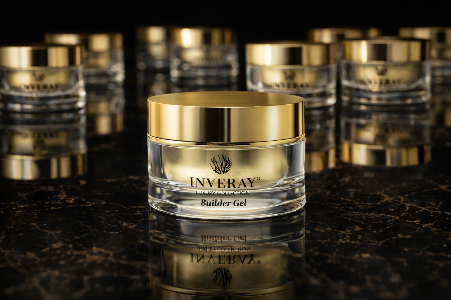 Inveray Builder Gel Luxury Collection - profesjonalny żel budujący do stylizacji paznokci w eleganckim słoiku z złotą pokrywką - projekt Halo Papaya projektowanie produktowe